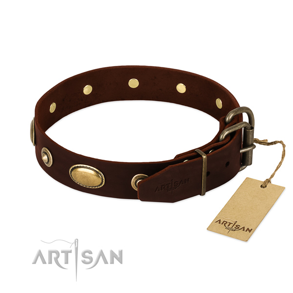 Corrosion proof D-ring on full grain leather dog collar for your pet