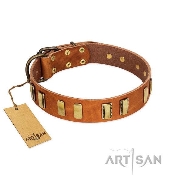 Gentle to touch full grain genuine leather dog collar with rust resistant D-ring