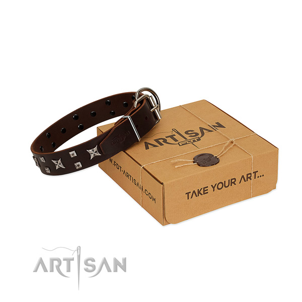 Exquisite embellished full grain natural leather dog collar of reliable material
