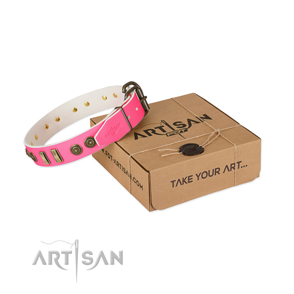 Rust-proof D-ring on genuine leather dog collar for your four-legged friend
