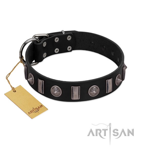 Soft natural leather dog collar with studs for comfy wearing