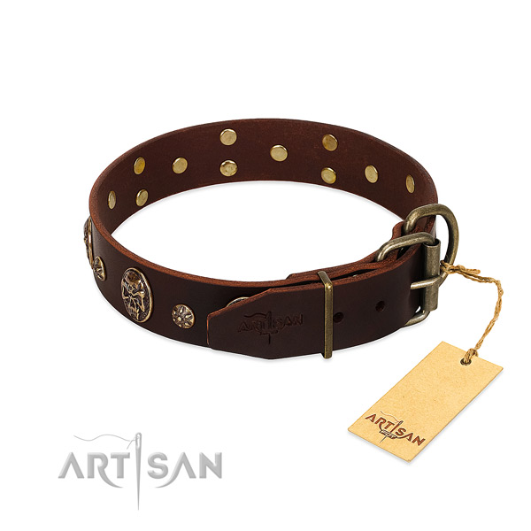 Corrosion resistant embellishments on genuine leather dog collar for your four-legged friend