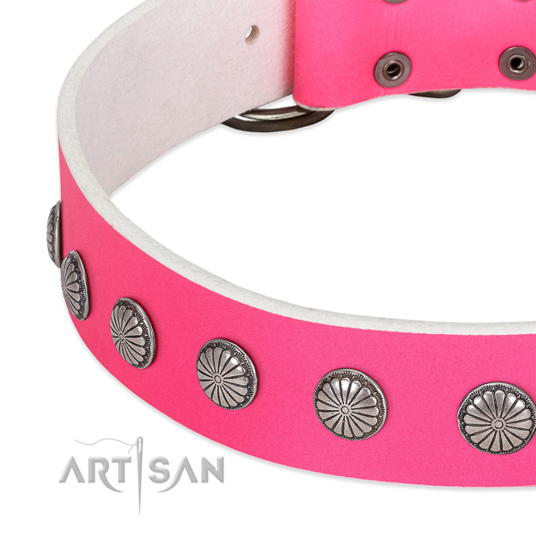Soft full grain genuine leather dog collar with adornments for easy wearing