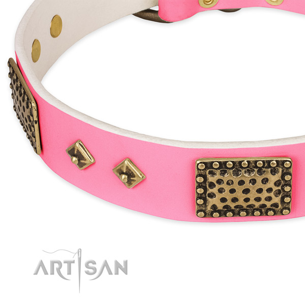 Full grain natural leather dog collar with decorations for everyday walking