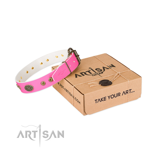 Rust resistant embellishments on full grain genuine leather dog collar for your four-legged friend