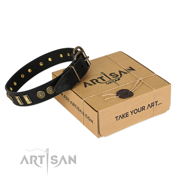 Corrosion proof D-ring on full grain genuine leather dog collar for your pet