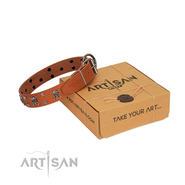 Durable genuine leather dog collar with corrosion proof D-ring