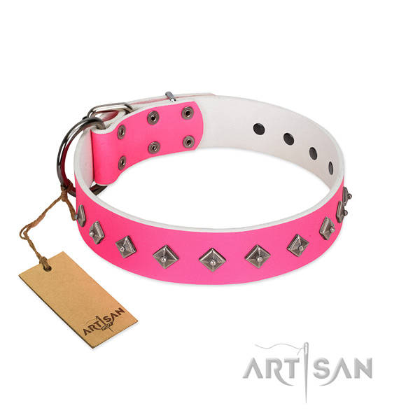 Natural leather dog collar with stylish design decorations handmade dog