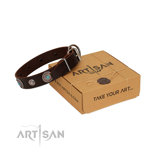 Walking flexible genuine leather dog collar with decorations