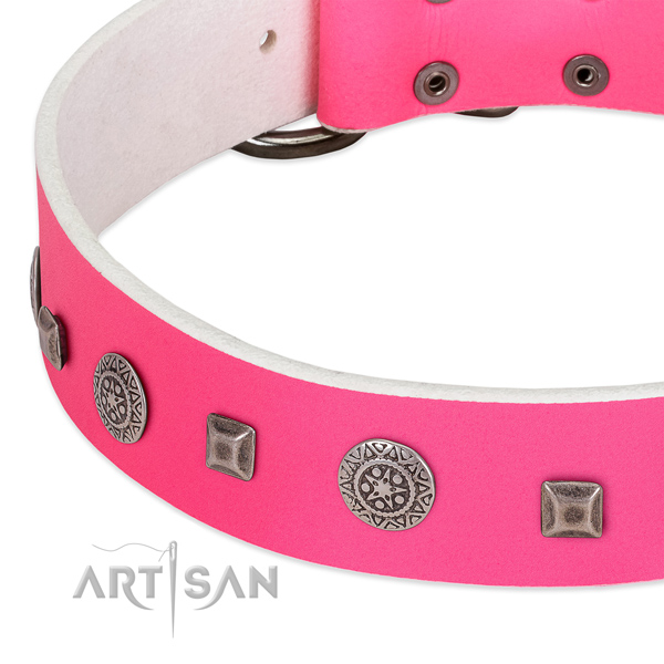 Gentle to touch full grain genuine leather collar with adornments for your pet
