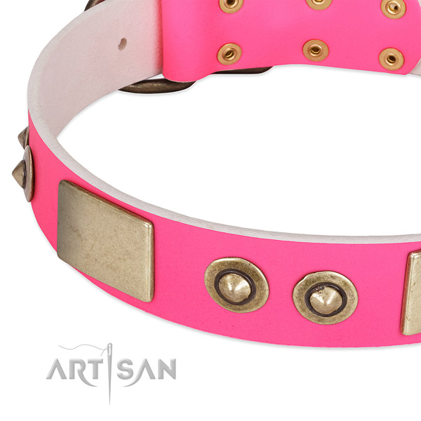 Rust resistant D-ring on genuine leather dog collar for your canine