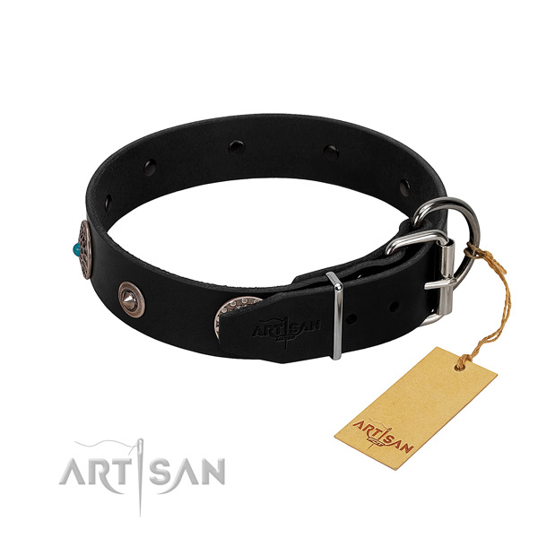 Trendy decorated natural leather dog collar