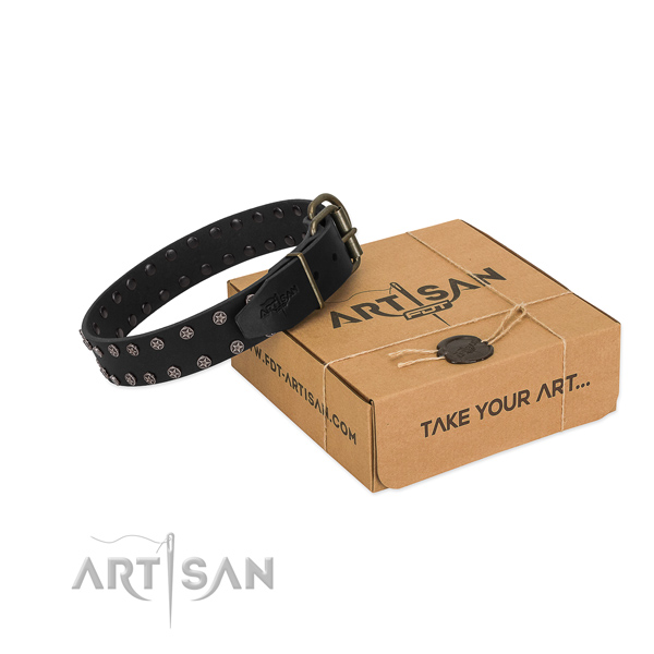 Gentle to touch full grain natural leather dog collar with embellishments for your beautiful pet