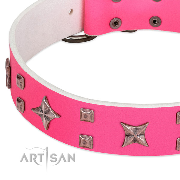 Reliable fittings on full grain natural leather collar for walking your four-legged friend