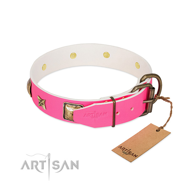 Rust-proof buckle on natural genuine leather collar for daily walking your four-legged friend