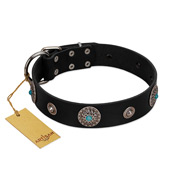 "Blue Gems" FDT Artisan Black Leather Pitbull Collar with Chrome Plated Studs and Conchos