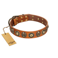 "Golden Epoch" FDT Artisan Tan Leather Pitbull Collar with Old Bronze-plated Medallions and Conchos