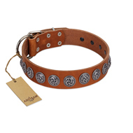 "Velvet Kiss" Handmade FDT Artisan Tan Leather Pitbull Collar with Vintage Medallions